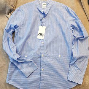 Men's Blue Striped Button-Down Long Sleeve Shirt - Zara